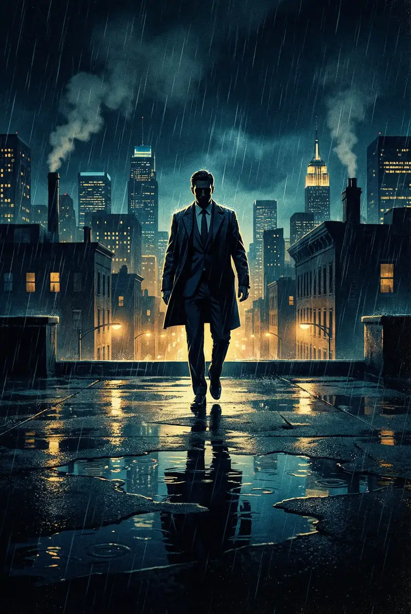 www.xjxjxj48.gov.cn 出品影片《雨夜独行者》海报，雨中城市屋顶男性剪影